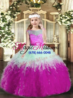 Elegant Multi-color Tulle Backless Scoop Sleeveless Floor Length Little Girls Pageant Dress Ruffles