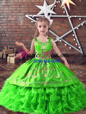 Sleeveless Floor Length Embroidery and Ruffled Layers Lace Up Kids Pageant Dress with