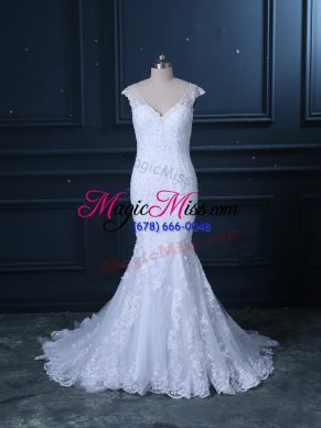 Top Selling White Mermaid Tulle V-neck Sleeveless Beading and Lace Clasp Handle Wedding Gowns Brush Train