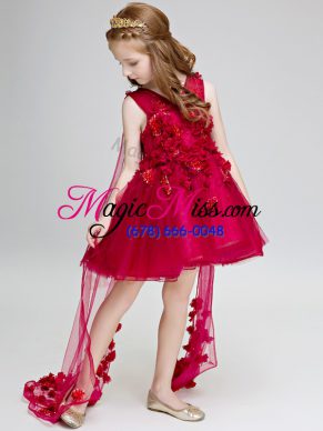 Fitting Wine Red Sleeveless Hand Made Flower Lace Up Flower Girl Dresses