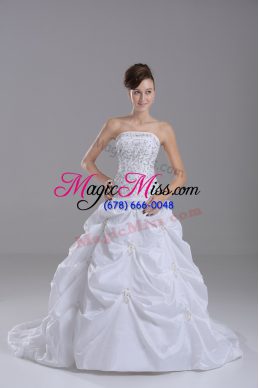 Dazzling White Wedding Gowns Wedding Party with Beading and Pick Ups Strapless Sleeveless Brush Train Lace Up