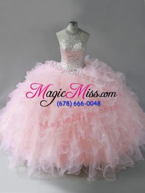 Custom Made Pink Ball Gowns Halter Top Sleeveless Tulle Floor Length Lace Up Beading and Ruffles Quinceanera Dress