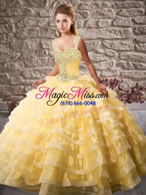 Gorgeous Gold Lace Up Quinceanera Dresses Beading and Ruffled Layers Sleeveless Court Train