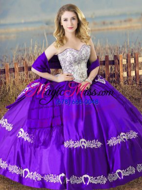 Nice Eggplant Purple Ball Gowns Beading and Embroidery Ball Gown Prom Dress Lace Up Satin Sleeveless Floor Length