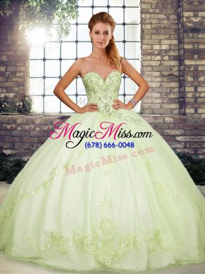 Yellow Green Ball Gowns Beading and Embroidery Quince Ball Gowns Lace Up Tulle Sleeveless Floor Length