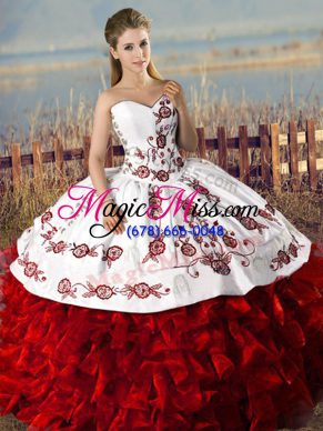 Sweetheart Sleeveless Lace Up Sweet 16 Quinceanera Dress White And Red Organza