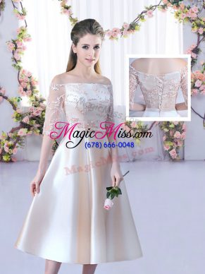 Customized Champagne Off The Shoulder Lace Up Lace and Belt Bridesmaids Dress Half Sleeves