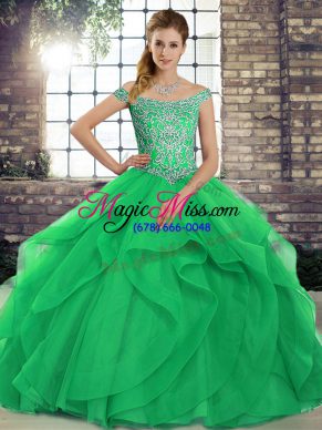 Pretty Green Off The Shoulder Lace Up Beading and Ruffles 15 Quinceanera Dress Brush Train Sleeveless