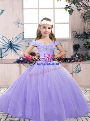 Trendy Lavender Lace Up Off The Shoulder Lace and Belt Pageant Dress Wholesale Tulle Sleeveless