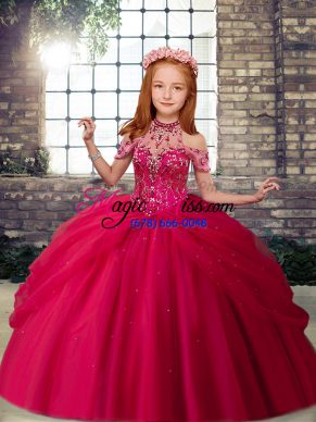 Halter Top Sleeveless Tulle Girls Pageant Dresses Beading Lace Up