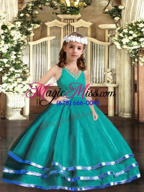 Sleeveless Zipper Floor Length Ruffled Layers Pageant Gowns For Girls