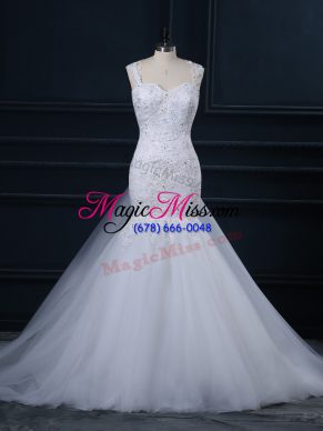 White Straps Neckline Lace Wedding Dress Sleeveless Side Zipper
