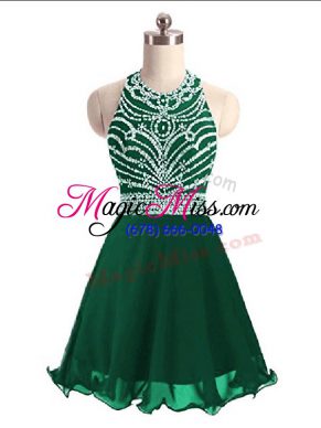 Elegant Sleeveless Chiffon Mini Length Lace Up Prom Party Dress in Green with Beading