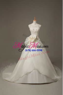 White High-neck Neckline Beading and Lace and Hand Made Flower Bridal Gown Sleeveless Zipper
