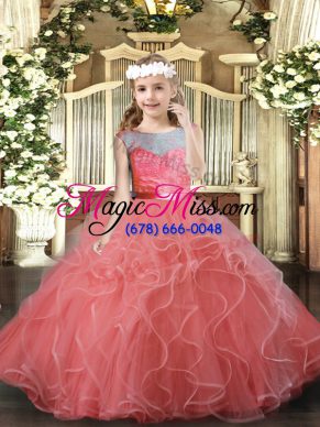 Ball Gowns Kids Pageant Dress Watermelon Red Scoop Tulle Sleeveless Floor Length Backless