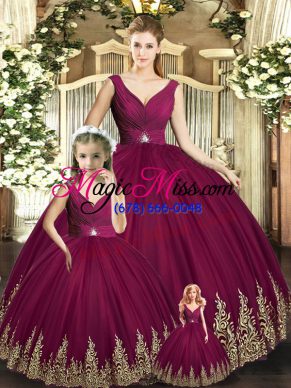 Burgundy Ball Gowns Beading and Appliques 15 Quinceanera Dress Backless Tulle Sleeveless Floor Length