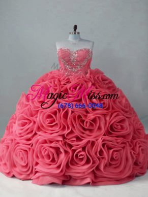 High Class Coral Red Quinceanera Gown Fabric With Rolling Flowers Brush Train Sleeveless Beading
