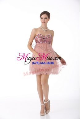 Customized Sleeveless Mini Length Beading Zipper Dress for Prom with Pink