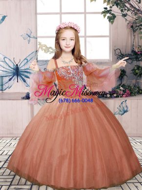 Popular Straps Sleeveless Lace Up Pageant Gowns For Girls Rust Red Tulle