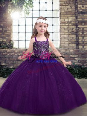 Floor Length Lace Up Little Girl Pageant Dress Eggplant Purple for Party and Military Ball and Wedding Party with Beading