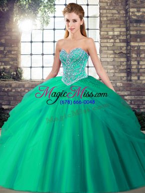 Turquoise Lace Up Vestidos de Quinceanera Beading and Pick Ups Sleeveless Brush Train