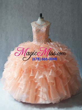Sleeveless Floor Length Beading and Ruffles Lace Up Sweet 16 Dresses with Peach