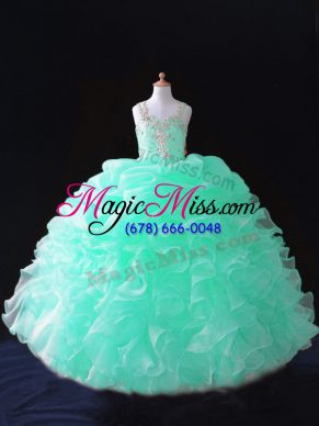Custom Fit Apple Green Zipper Little Girl Pageant Gowns Beading and Ruffles and Pick Ups Sleeveless Floor Length