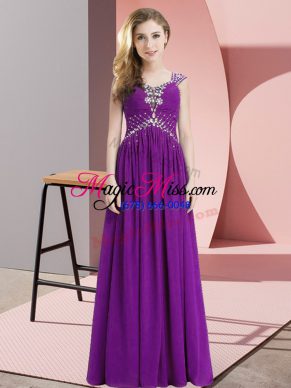 Exceptional Eggplant Purple Empire Chiffon Straps Cap Sleeves Beading Floor Length Lace Up Prom Gown