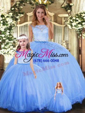 Sleeveless Floor Length Lace Clasp Handle Sweet 16 Dress with Blue