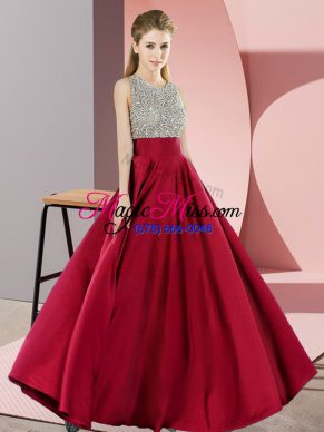 Superior Elastic Woven Satin Scoop Sleeveless Backless Beading Prom Party Dress in Wine Red
