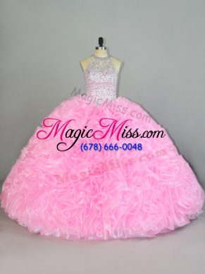 Best Selling Baby Pink Quinceanera Dress Sweet 16 and Quinceanera with Beading and Ruffles Halter Top Sleeveless Lace Up