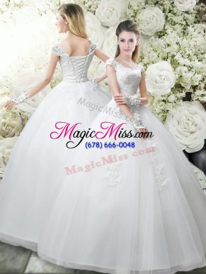 Modest White Scoop Lace Up Appliques Wedding Dress Cap Sleeves