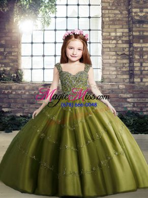 Floor Length Lace Up Little Girl Pageant Dress Olive Green for Party and Military Ball and Wedding Party with Beading
