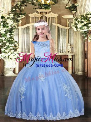 Lovely Floor Length Zipper Girls Pageant Dresses Baby Blue for Party and Sweet 16 and Wedding Party with Beading and Appliques