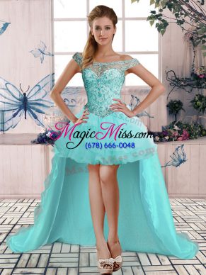 Stylish Aqua Blue Military Ball Dresses For Women Prom and Party with Beading and Ruffles Off The Shoulder Sleeveless Lace Up