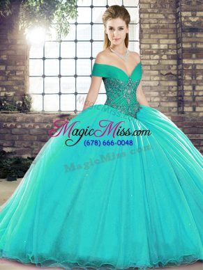 Exceptional Turquoise Ball Gowns Off The Shoulder Sleeveless Organza Brush Train Lace Up Beading Ball Gown Prom Dress