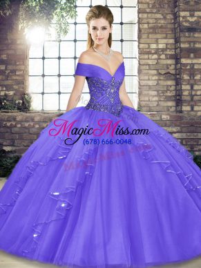 Floor Length Lavender Sweet 16 Dresses Off The Shoulder Sleeveless Lace Up
