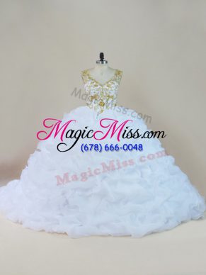 Dynamic Sleeveless Beading and Pick Ups Lace Up Quinceanera Gowns with White Brush Train