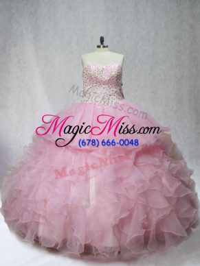 Pink Lace Up Sweetheart Beading and Ruffles 15 Quinceanera Dress Organza Sleeveless