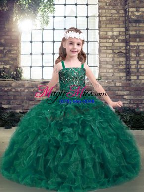 Floor Length Lace Up Kids Formal Wear Dark Green for Party and Wedding Party with Beading and Ruffles