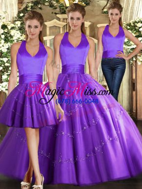 Purple Tulle Lace Up Halter Top Sleeveless Floor Length Sweet 16 Quinceanera Dress Beading