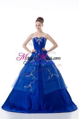 Modern V-neck Sleeveless 15th Birthday Dress Floor Length Embroidery and Ruffled Layers Royal Blue Organza