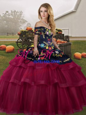Deluxe Off The Shoulder Sleeveless Quinceanera Gowns Brush Train Embroidery and Ruffled Layers Fuchsia Tulle
