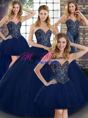 Navy Blue Sweetheart Neckline Beading Quinceanera Dress Sleeveless Lace Up