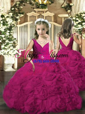 Fashion Sleeveless Fabric With Rolling Flowers Floor Length Backless Kids Formal Wear in Fuchsia with Beading