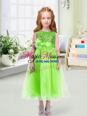 Sumptuous Sleeveless Tea Length Sequins and Hand Made Flower Zipper Flower Girl Dresses for Less with