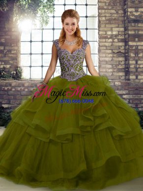 Fashionable Olive Green Lace Up 15th Birthday Dress Beading and Ruffles Sleeveless Floor Length