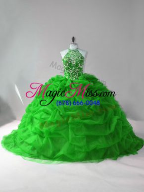 Green Sleeveless Court Train Beading and Pick Ups Quinceanera Gown