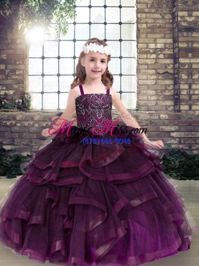 Eggplant Purple Lace Up Little Girls Pageant Gowns Beading and Ruffles Sleeveless Floor Length