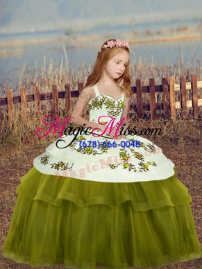 Straps Sleeveless Kids Formal Wear Floor Length Embroidery Olive Green Tulle